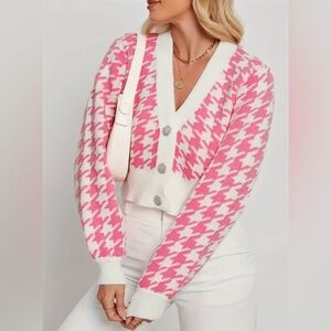 Pink Houndstooth Button Front Cardigan